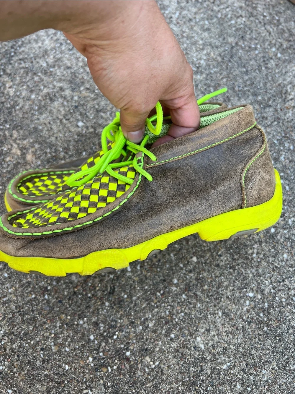 Twisted X Neon Yellow and Brown Woven Kids Moccasins